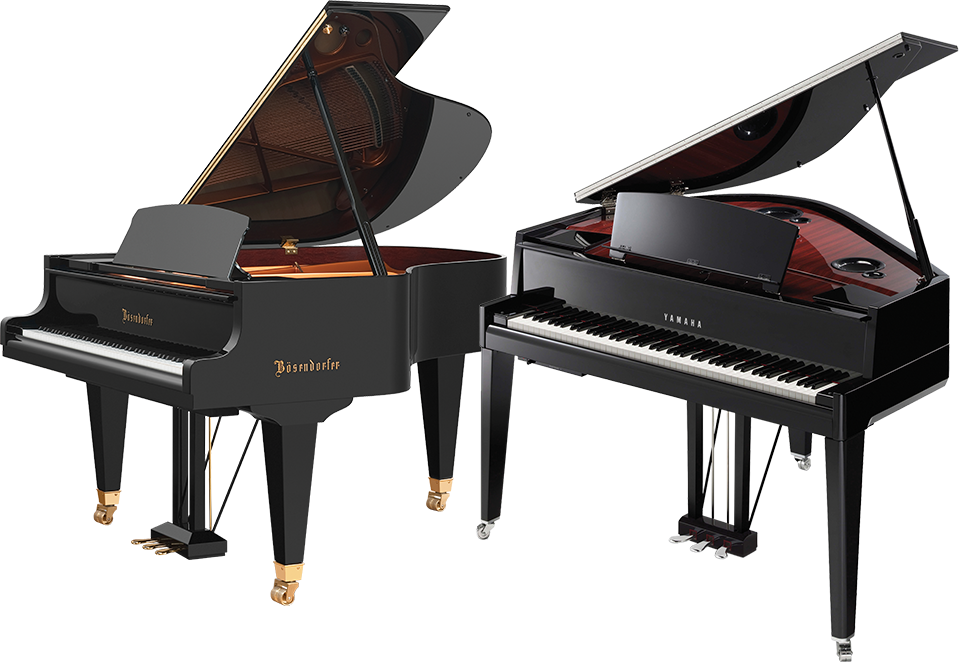 Bösendorfer and Yamaha grand pianos, glossy finishes. Premium craftsmanship for superior sound quality at Classic Pianos