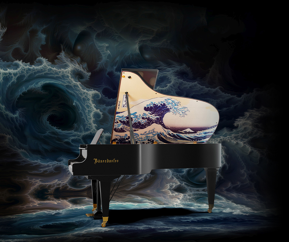Bösendorfer grand piano with Hokusai design, high-gloss ebony finish, featured at Denver Classic Pianos showroom.