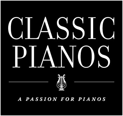 Classic Pianos logo: A Passion for Pianos tagline with lyre symbol; your destination for premium pianos in Denver.