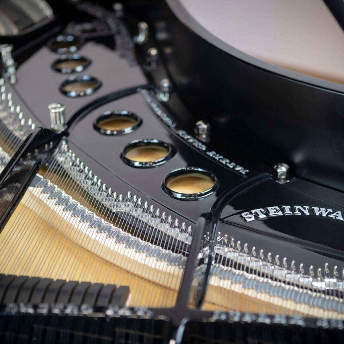 Steinway & Sons grand piano interior strings and plate detail, showcasing premium craftsmanship and design.