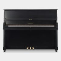 Yamaha U Series upright piano, polished ebony finish, featuring superior tone and touch. Ideal for professional studios.