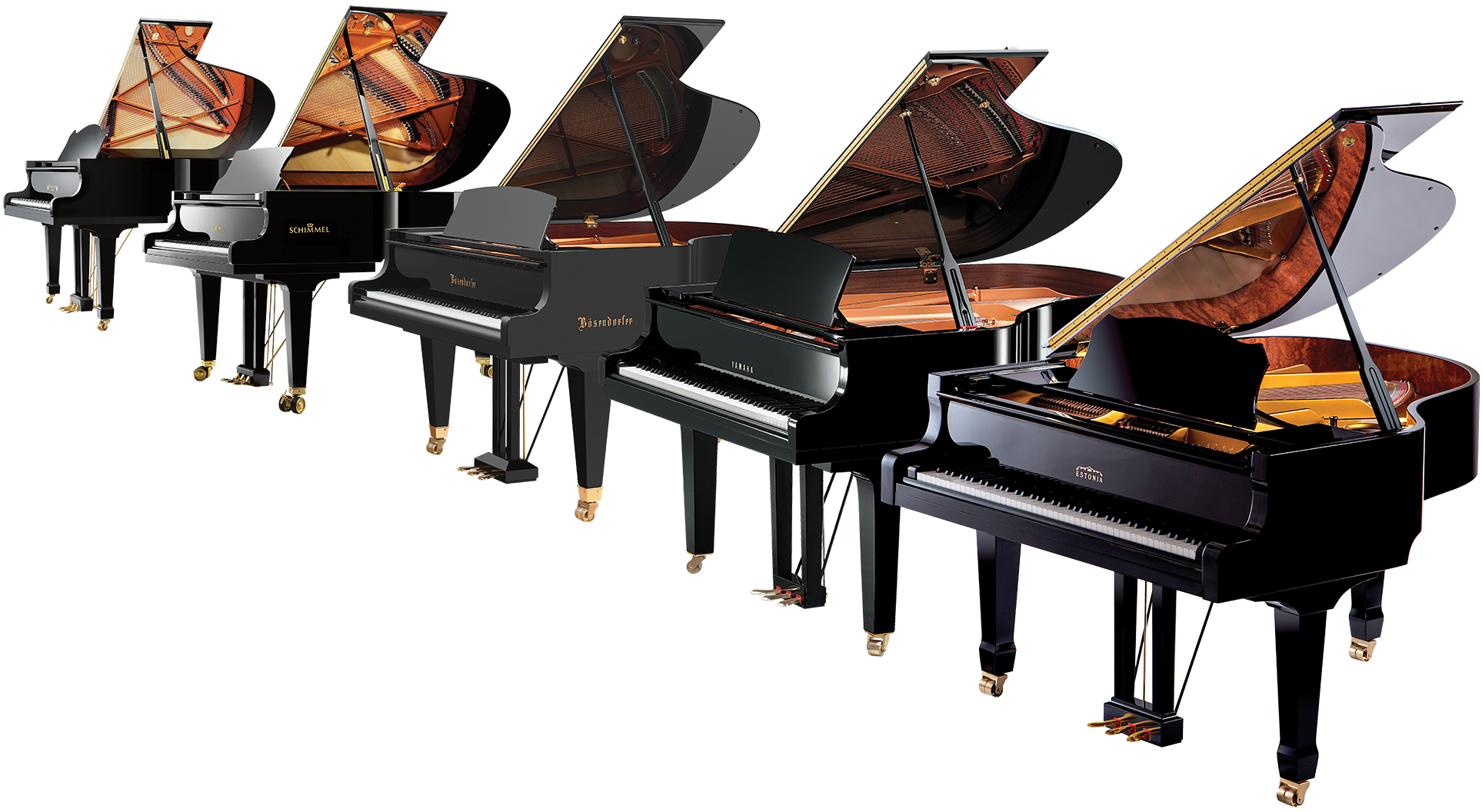 Grand pianos from Yamaha, Schimmel, and Bösendorfer displayed, showcasing premium craftsmanship and design.