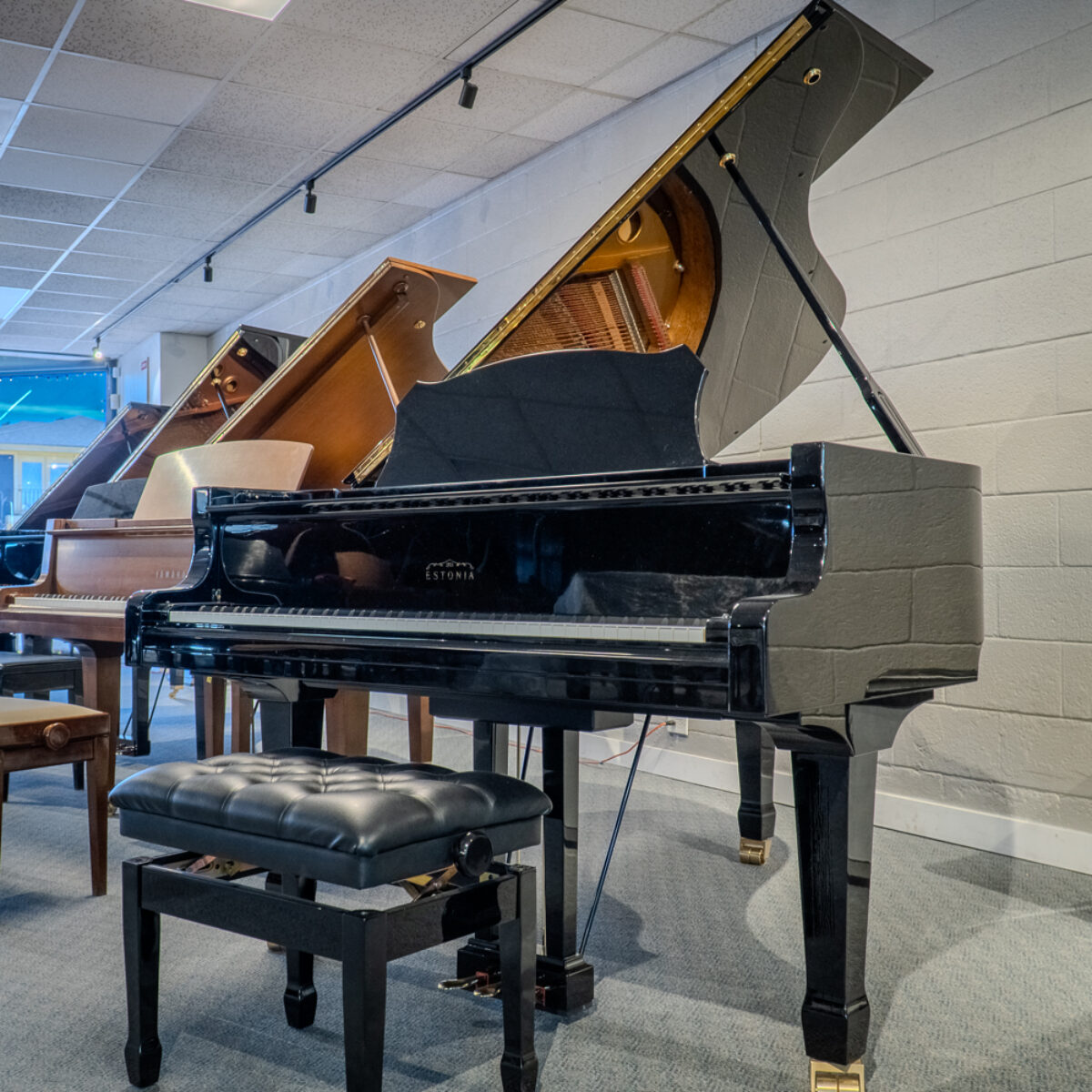 Estonia grand piano showcasing exquisite black finish and premium craftsmanship, paired with a stylish tufted bench.