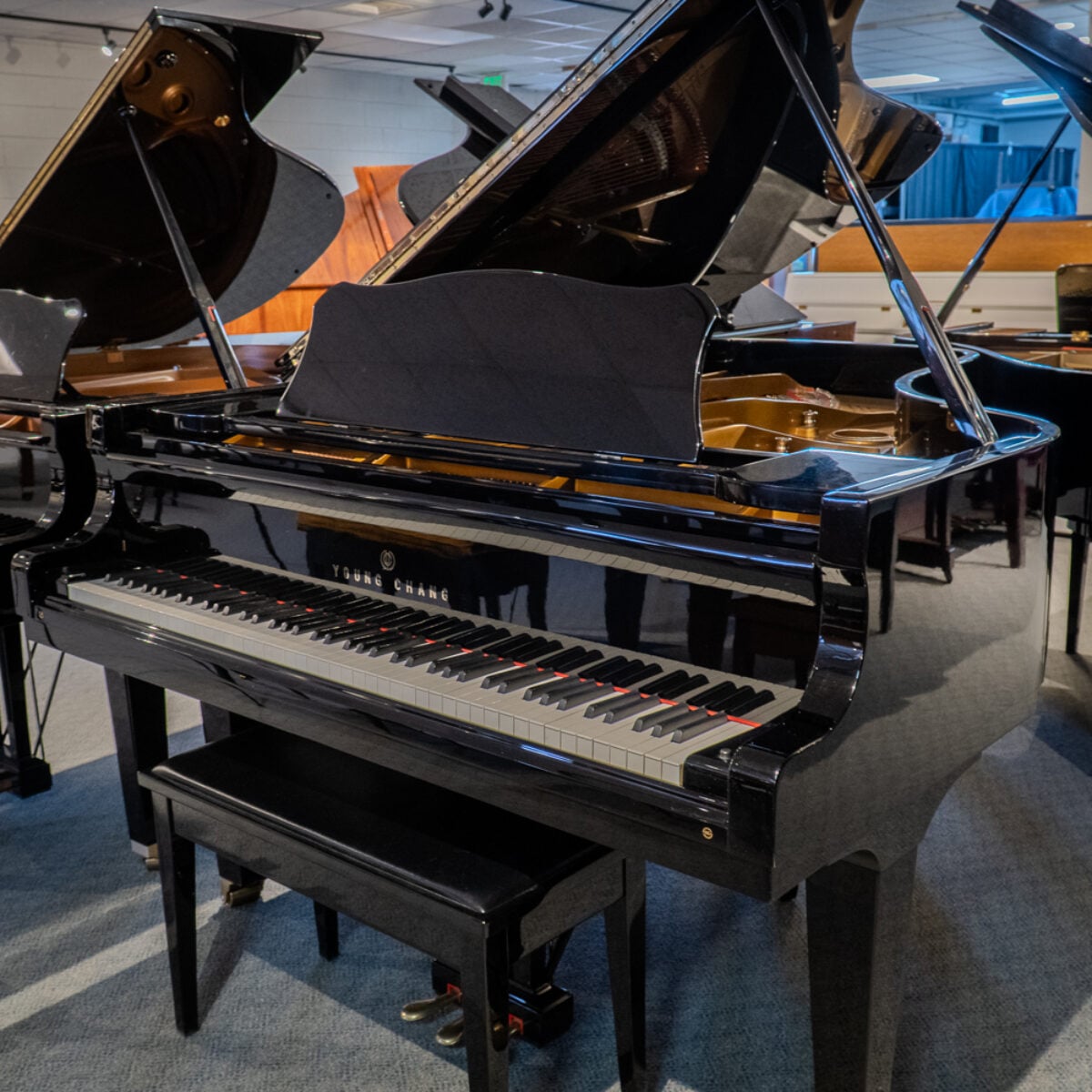 Young Chang grand piano featuring polished ebony finish, responsive keys, and classic design, perfect for any music enthusiast.