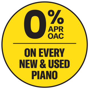 Promotional badge for 0% APR on all new and used pianos at Classic Pianos Denver, enhancing affordability for music lovers.