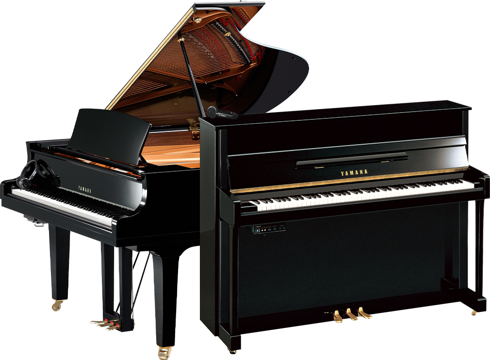 Yamaha hybrid pianos featuring a Disklavier grand and an upright Silent piano at Classic Pianos Denver showroom.
